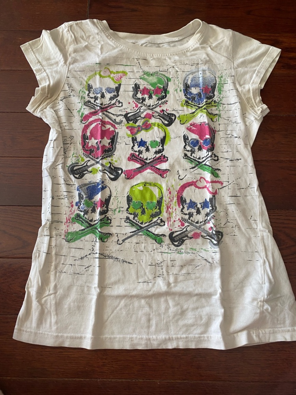 Girls White Short Sleeve Graphic Skull Tee with Multi-Color Print